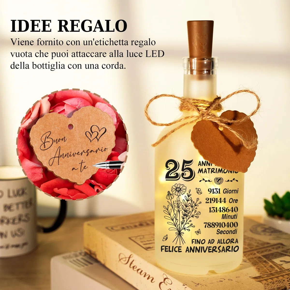 25 Anni Matrimonio Regali - Lampada Notturna di Vetro Opaco, Regalo 25 Anni Matrimonio, Regalo 25 Anniversario per Lui Lei, Regalo 25 Anniversario