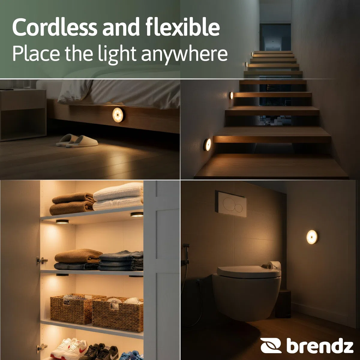 Brendz Luce Armadio LED con Sensore Rotonda, Luce Armadio, Ricaricabile USB-C, Magnetica, 4 pezzi, Bianco Caldo 3000K, Luci LED per Armadio Senza Fili, nero