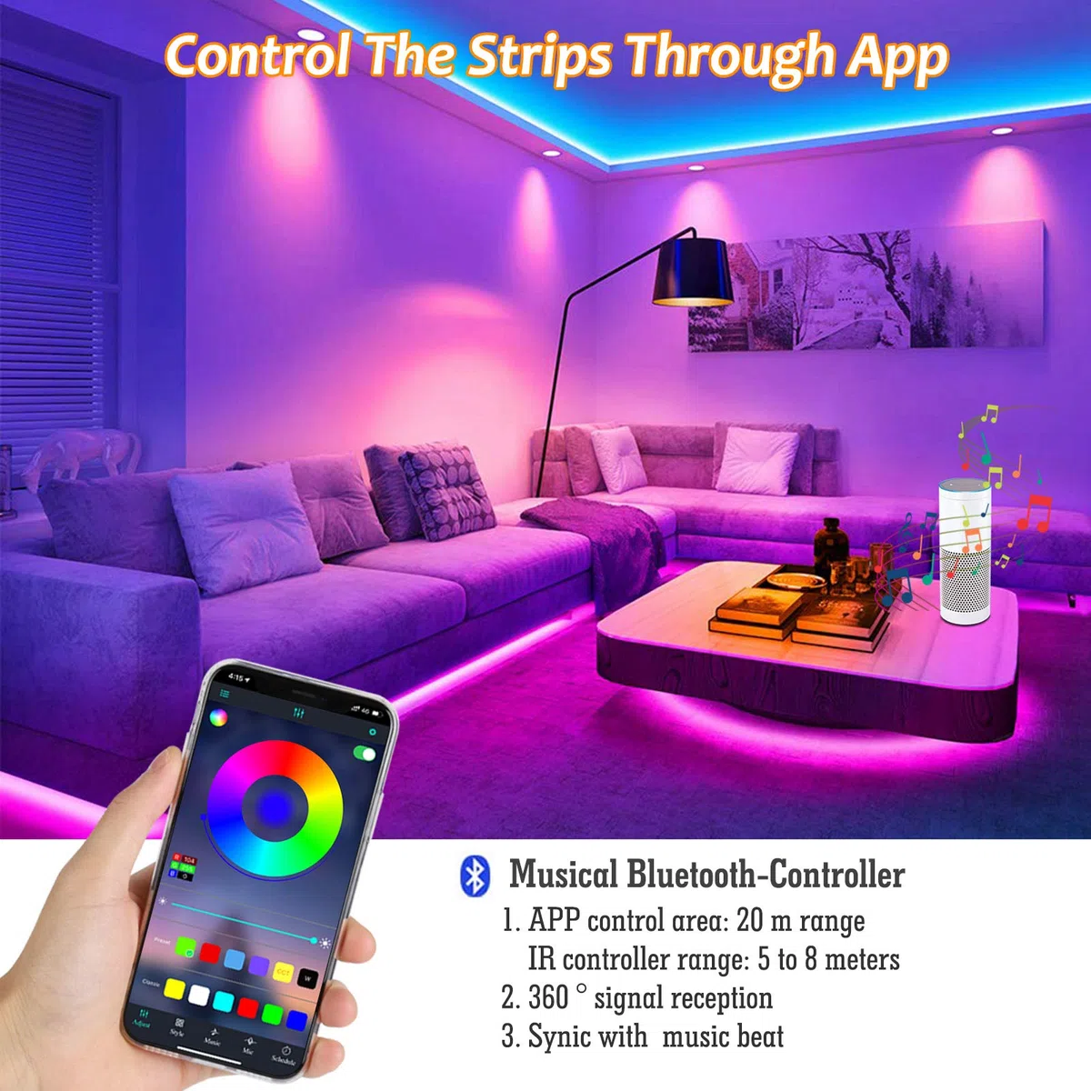 Striscia LED 5M Bluetooth, ALED LIGHT Strisce Luci Led RGB 5050 SMD con DC 12V Alimentatore e 44 Tasti Telecomando e Ricevitore, Nastro LED Decorazione per Natale Feste Casa Matrimonio