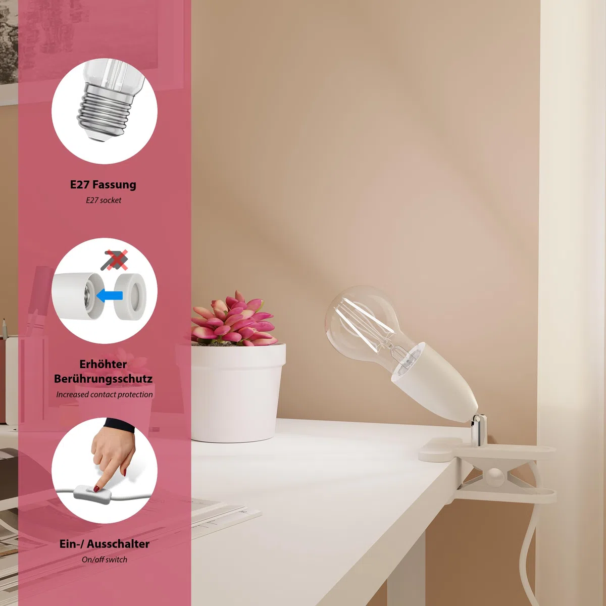 ledscom.de Lampada a morsetto LIK, bianco opaco, 1x E27 max. 60W
