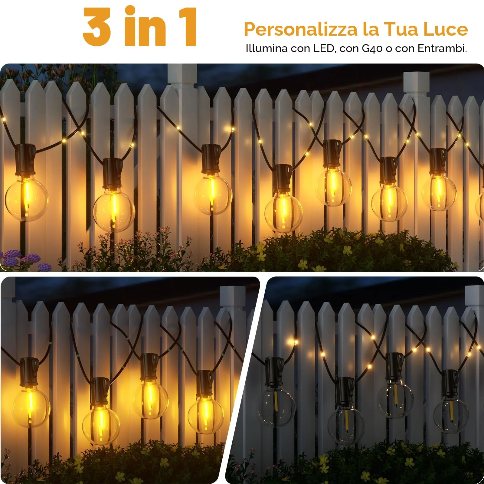 Catena Luminosa Esterno Solare 12M 14+1 G40 Lampadine LED Luci Solari per Esterni 19 Modalità Impermeabile Luci Solari Esterno con 26 LED per Giardino Terrazze Campeggio Patio Gazebo Matrimonio Feste