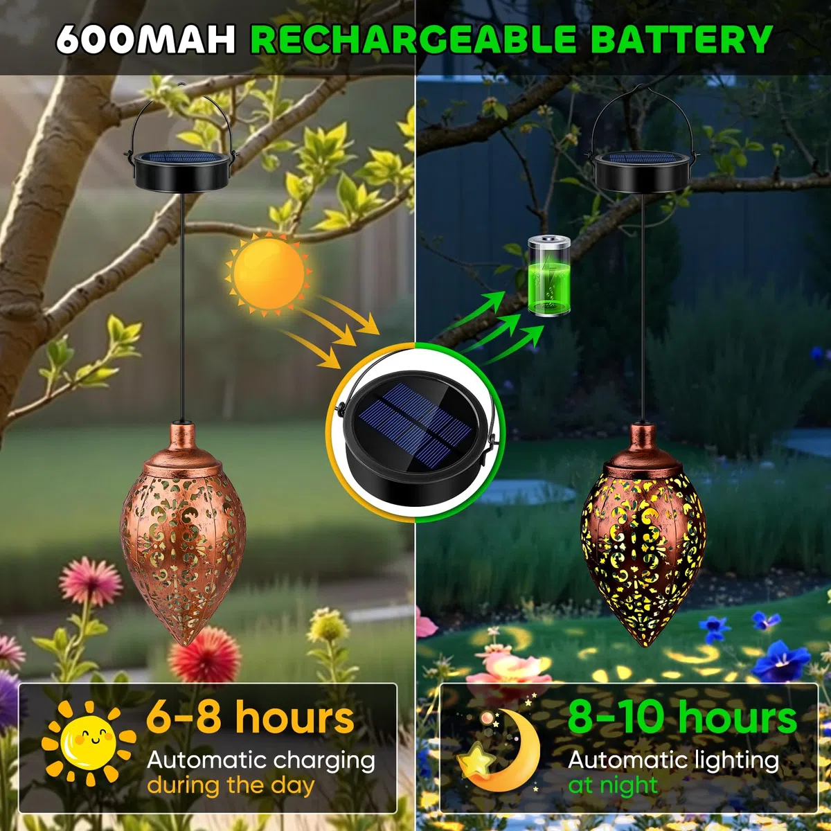 2 Pezzi Lanterne Solari da Esterno, Impermeabile IP65 Metallo Lampada Solare da Giardino, Lanterna Solare da Appendere per Balcone, Patio, Terrazza, Decorazioni, Matrimoni, Bianca Calda