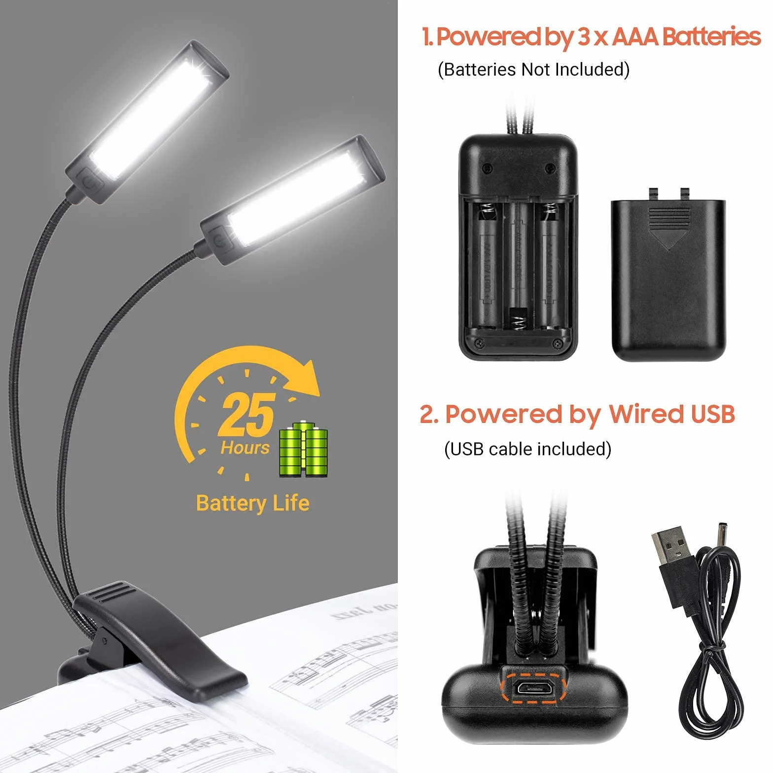 CAHAYA Lampada per Lettura con Pinza Dual Head Luci per Leggio Musicale con 32 LED Luminoso Luce a Clip Portabile con 3 Intensità di Luminosità Cavo di Ricarica 2.5m Modello CY0243