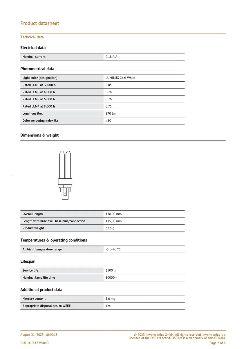Osram Dulux D G24d-1 13 Watt 840 2 P Lampadina Fluorescente Compatta Bianco Neutro 1 Pezzo