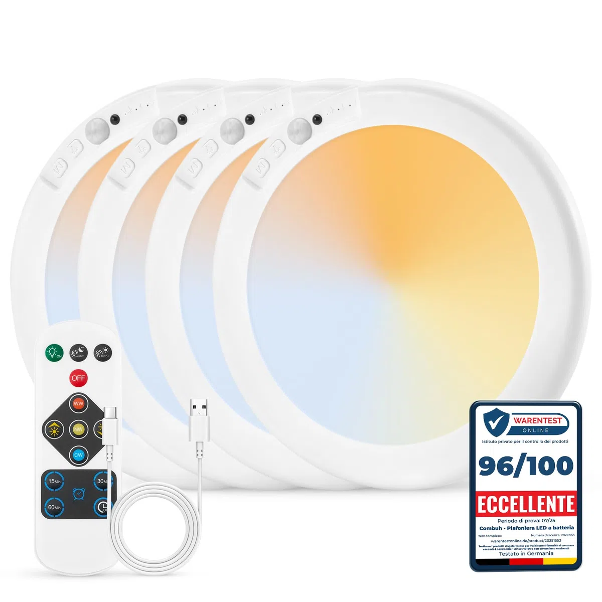Combuh Lampada a Batteria Sensore di Movimento Luce Ricaricabile Garage Senza Fili, Autonomia 85 Giorni 6000mAh Plafoniera LED Senza Corrente Lampade da Soffitto per Doccia Balcone Rotondo 1pz