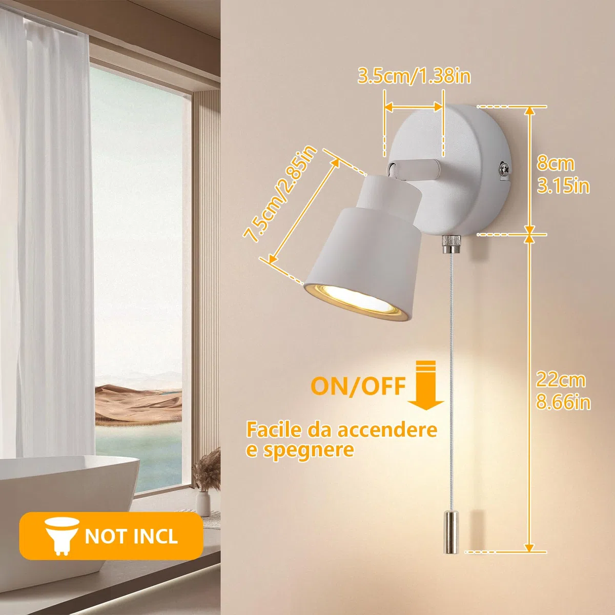 Bianco Lampada da Parete con Interruttore a Tirante GU10 - Moderna Lampada da Parete per Interni - Applique da Parete con Interruttore per Camera da Letto Soggiorno Cucina - Senza Lampadina