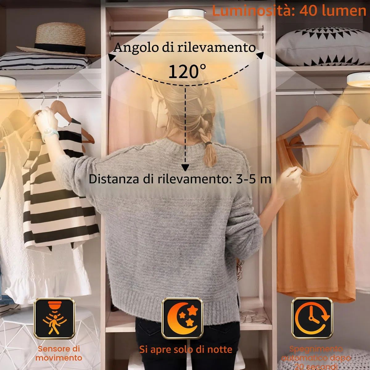 daphomeu 6 pezzi Luce notturna con sensore di movimento, 3 batterie AAA, illuminazione dell'armadio, sensore di movimento de interno per scale, camera da letto, cucina, sottopensile .(luce calda)