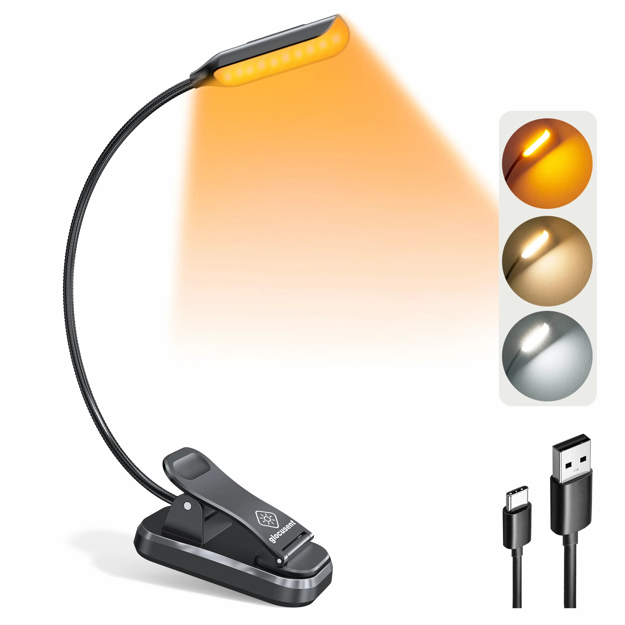 Glocusent Luce da Lettura a Letto di 10 Led è Leggera e ricaricabile, Clip-on Eyecare Luce per Leggere Fino a 80 ore, 3 Luminosità dimmerabile X 3 Modalità di Colore, Regalo per i Bambini e Viaggi