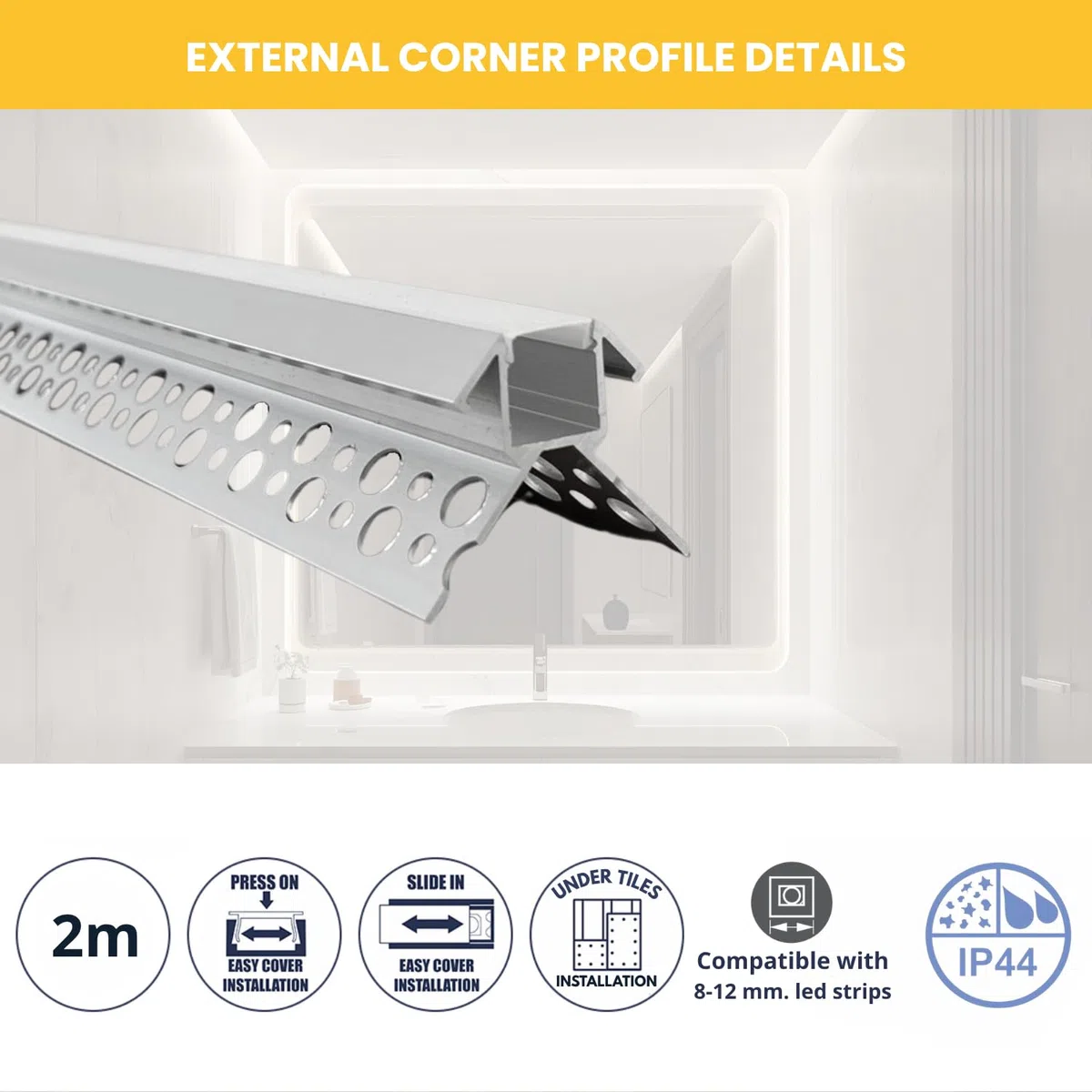 Evotrade Profilo Per Piastrelle Ceramic Line Con Canalina Per Illuminazione Led Barre 2m Incasso A Scomparsa + Cover Luce Continua (Angolo Esterno)