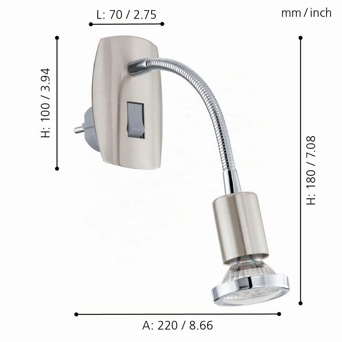 Eglo Faretto Mini 4, Lampada da Presa a Uno Punto Luce in Acciaio, Nichel Opaco, Cromo, Presa GU10, Interruttore e Braccio Flessibile Inclusi