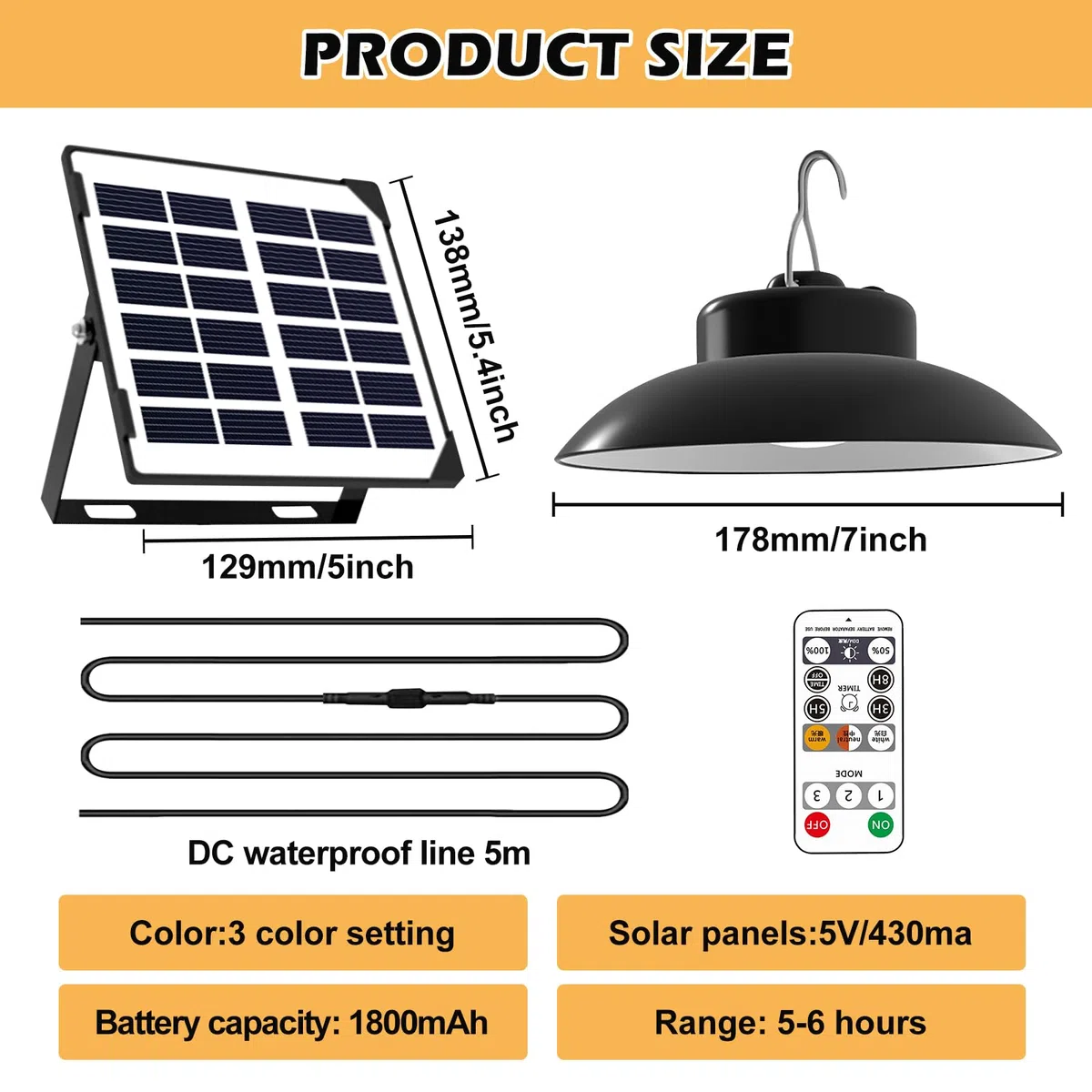 Lampada solare con telecomando, 3 temperature di colore, IP65, impermeabile, a sospensione per giardino e terrazza