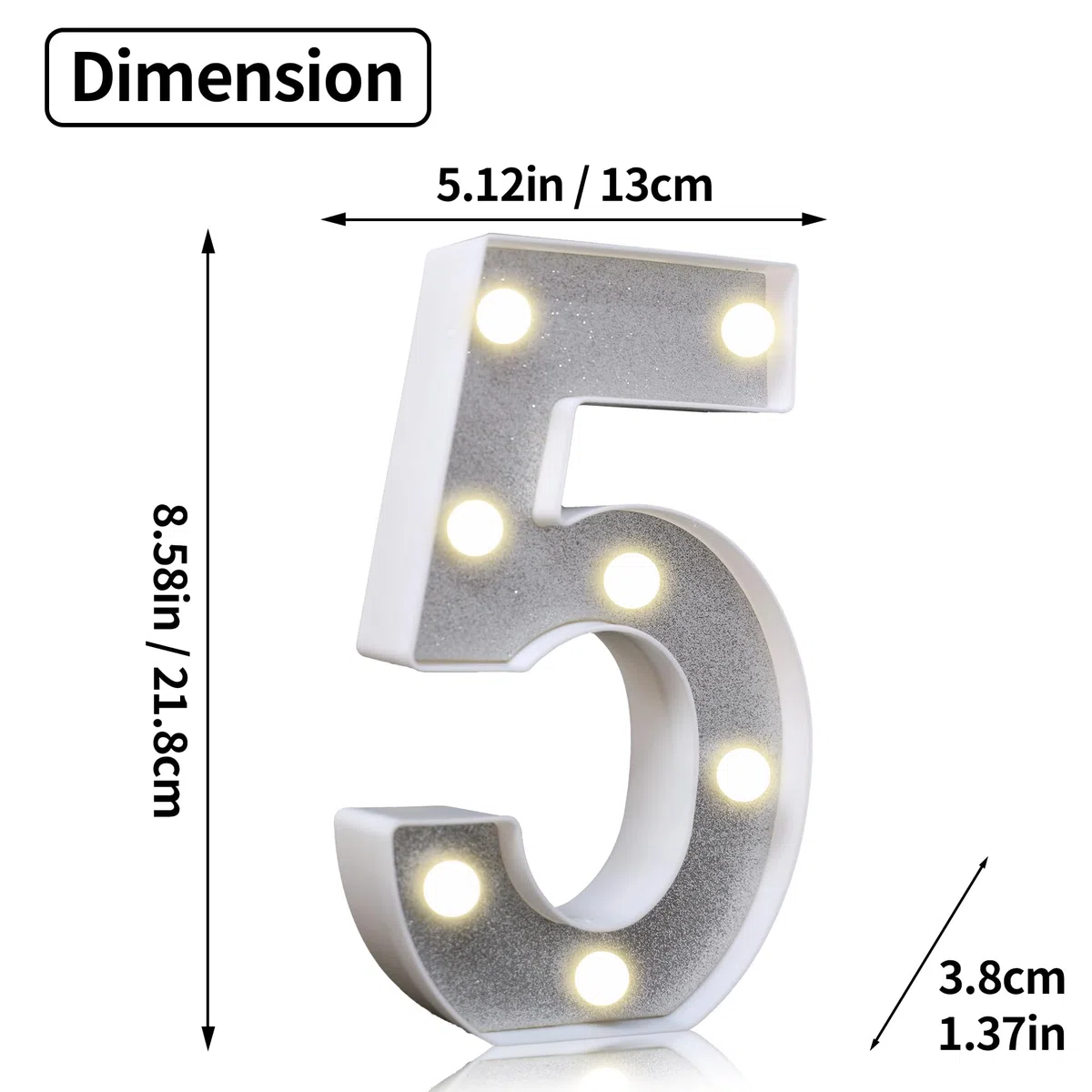 Numero 5 argento glitterato decorazione LED luci con numero, adatti per feste di compleanno, baby shower, sfondo matrimonio e decorazione della casa, 21 cm