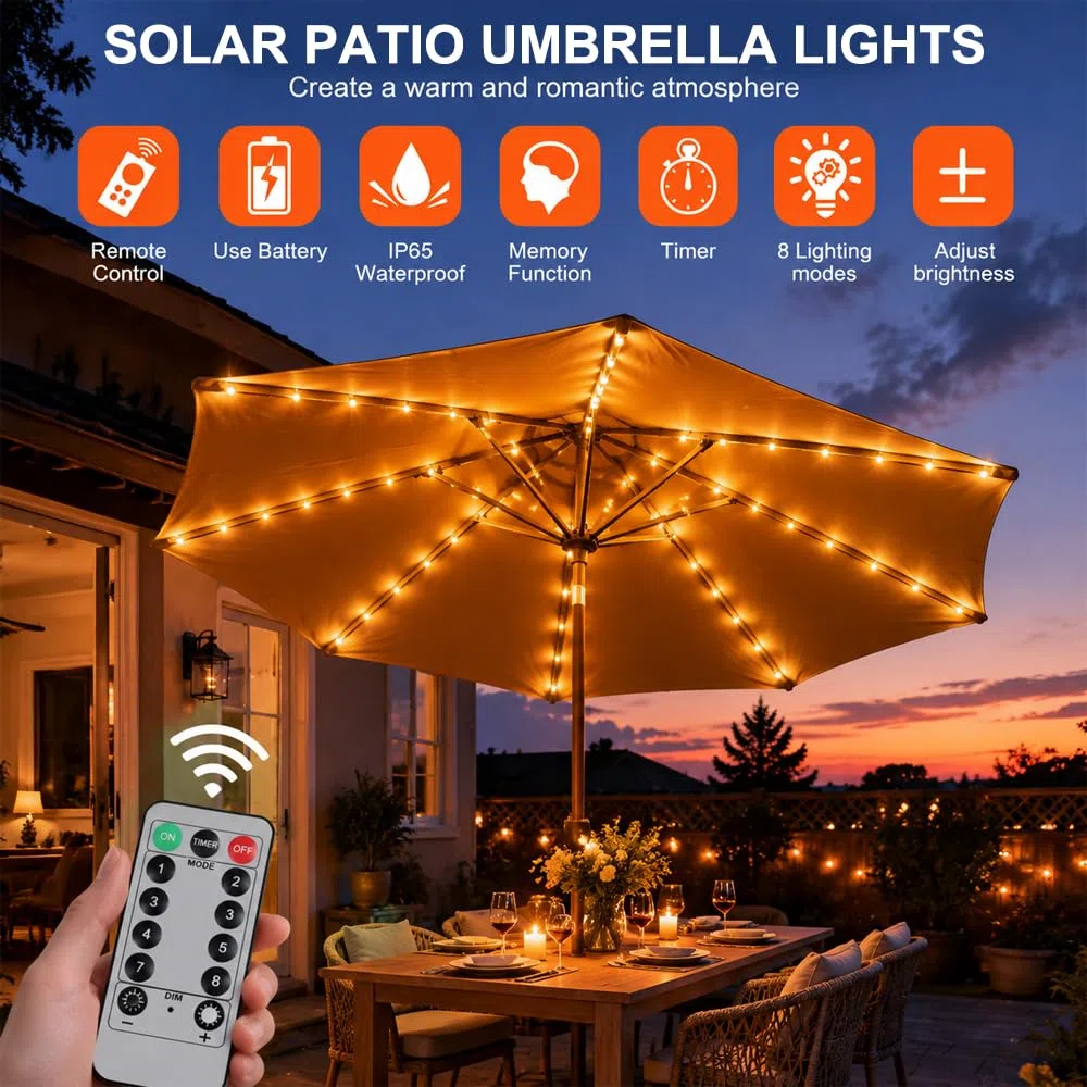 Luci per Ombrellone da Esterno LED con Telecomando 8 Modalità, Catena Luminosa Impermeabile IP65, Illuminazione Giardino e Terrazzo, Decorazione per Ombrelloni e Tende, Bianco Caldo (104 LED)