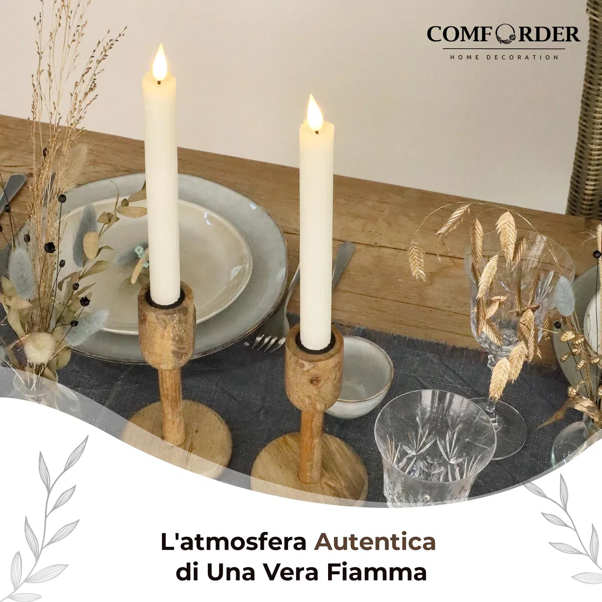 comforder Candele LED con Fiamma Tremolante in Vera Cera (Set da 2), Candele a Pile con Timer, Candele a Batteria (Crema)