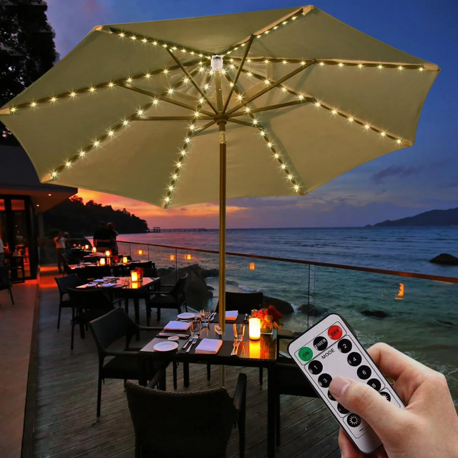 Illuminazione per ombrellone, catena di luci a LED per ombrellone da giardino, protezione IP68, strisce luminose LED (8 fili x 1,3 m, 3000 k)