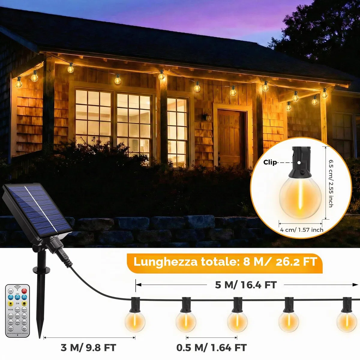 btfarm 5+3M Catena Luminosa Esterno Solare con Telecomando, Lampadine LED G40 Luci Solari da Giardino Impermeabile, 8 Modalità Lucine Esterno Energia Solare Dimmerabile per Gazebo Balcone
