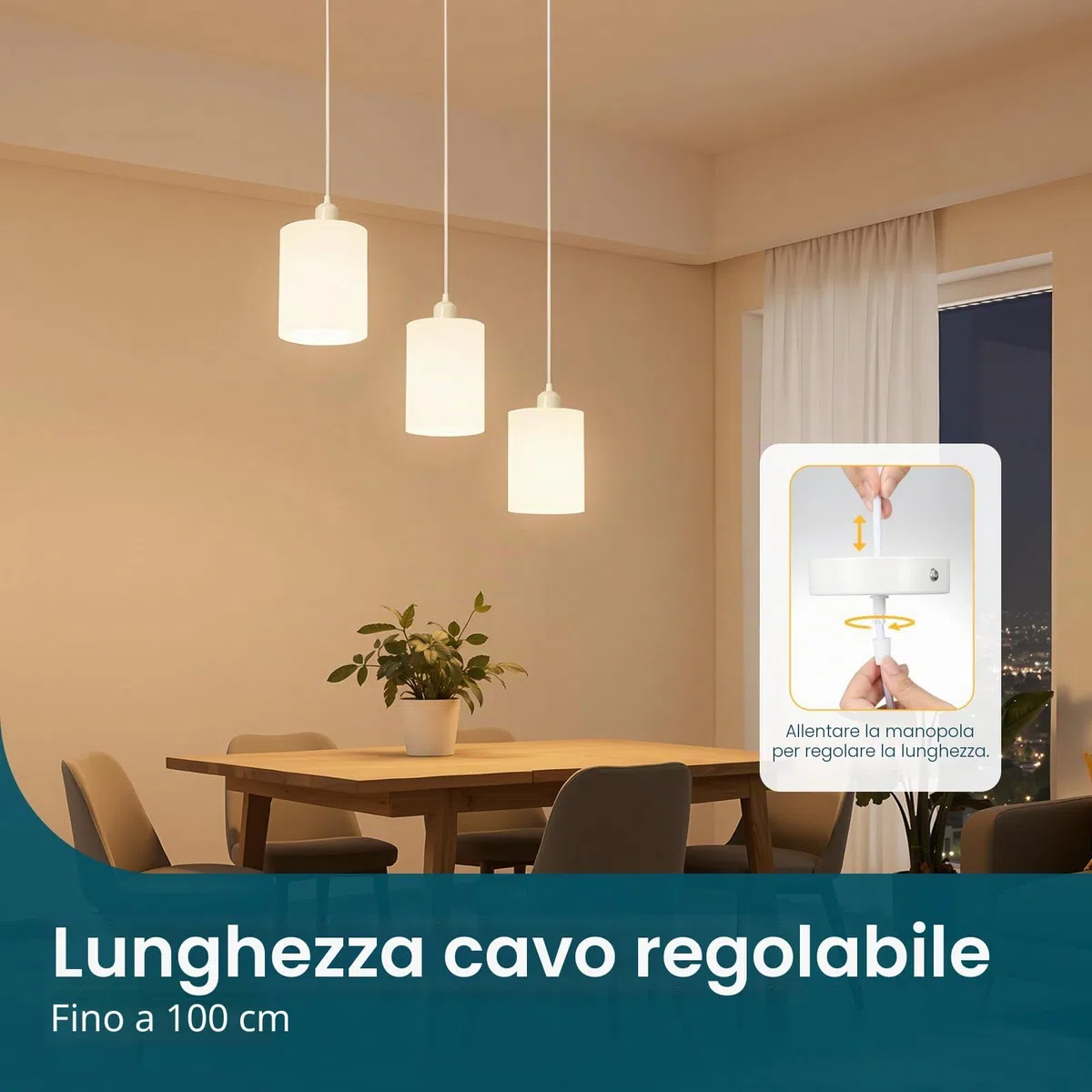 Linkind Portalampada E27 in Metallo, Lampada a Sospensione con Cavo(100CM Altezza Massima Regolabile) e Anello Filettato, Portalampada Compatibile con Paralume(Bianco)