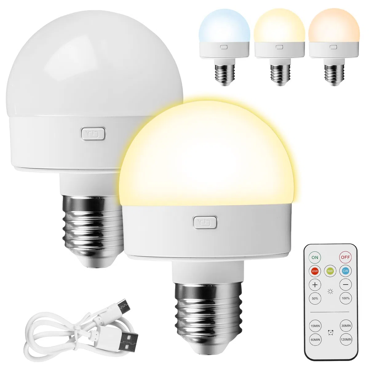Vegena Lampadina Ricaricabile USB C,2 Pezzi 3 Colore E276/E27 Lampadina Ricaricabile USB-C Con Telecomando,Lampadina Con Batteria,Lampadina A Batteria Per Interni/Esterni,Campeggio