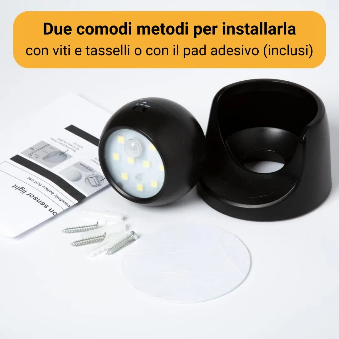 Faretto LED a Batterie con Sfera Estraibile Rotazione 360°, 150 Lumen, Faretti LED Esterno con Sensore di Movimento PIR, Luci di Sicurezza, Pratico Fissaggio a Muro