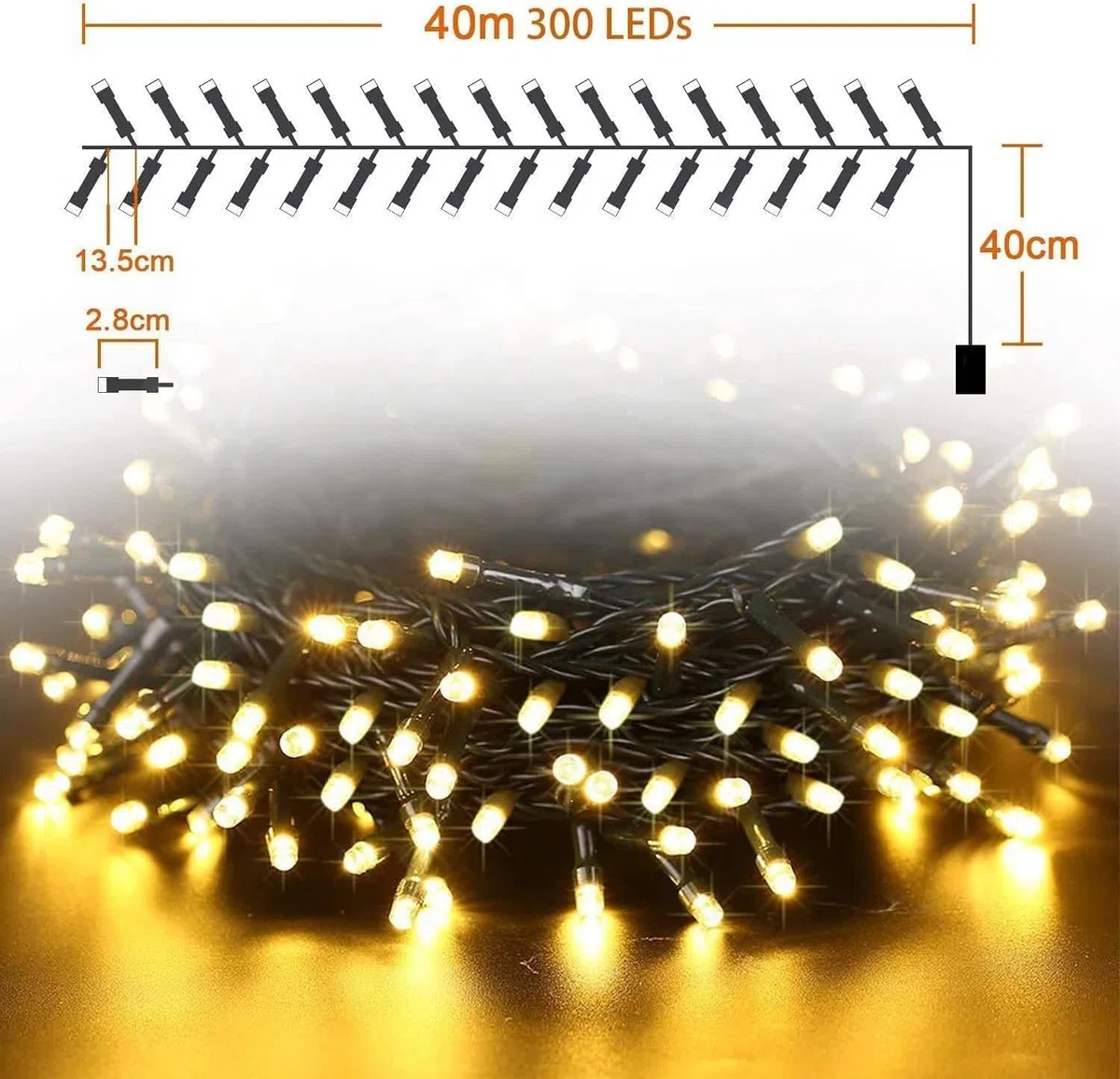 Avoalre Luci Natale Esterno Batteria, 300LEDs Catena Luminosa Lunga 40 Metri, Luci Albero di Natale con 8 Modalità e Timer per Giardini Patio Camere da Letto Matrimoni Feste Compleanni - Bianco Caldo