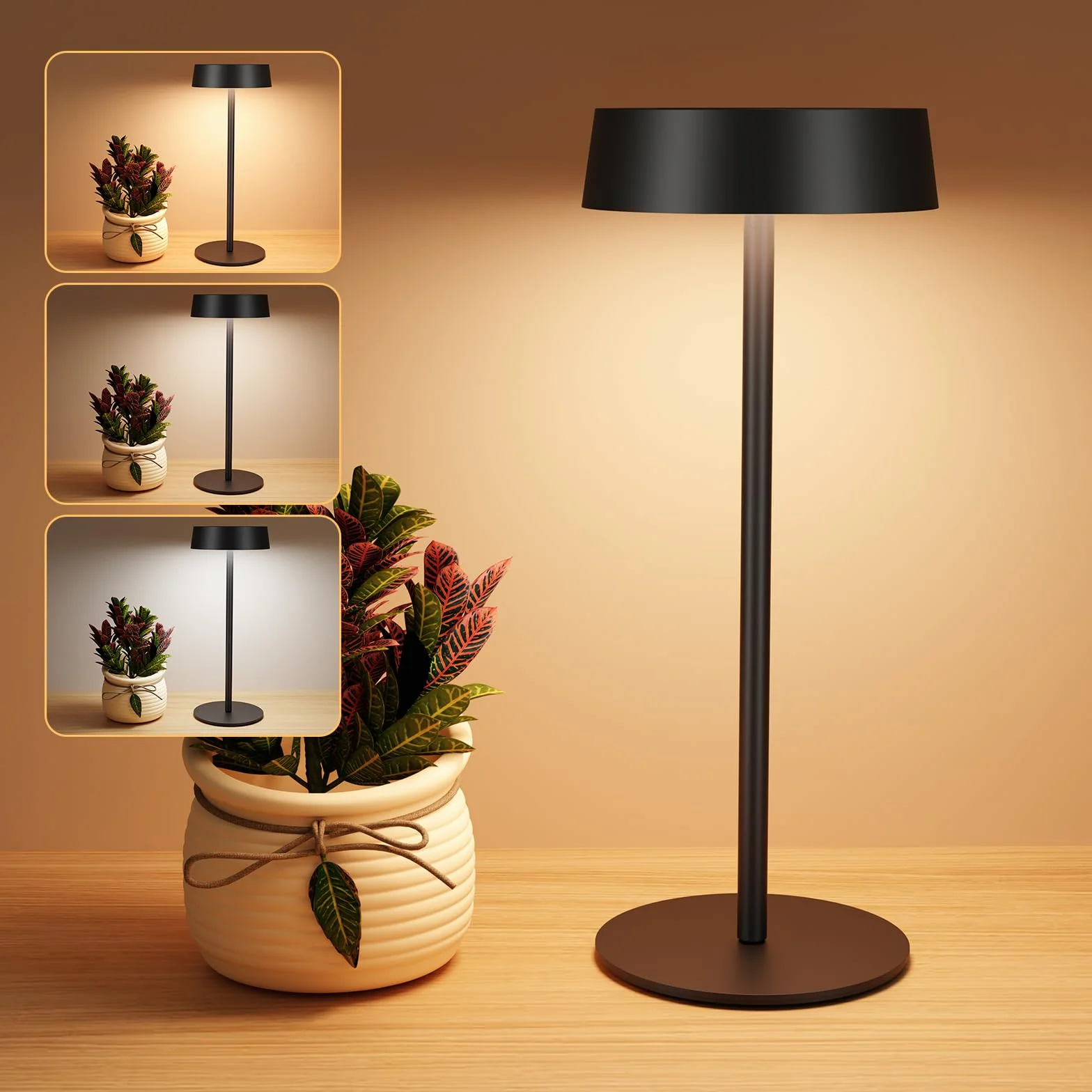 Suright Lampada da Tavolo Solare Senza Fili, Lampada da Comodino Ricaricabile a Energia Solare e USB-C, 3 Modalità Colore, Luminosità Regolabile, IP65 Impermeabile per Uso Interno ed Esterno