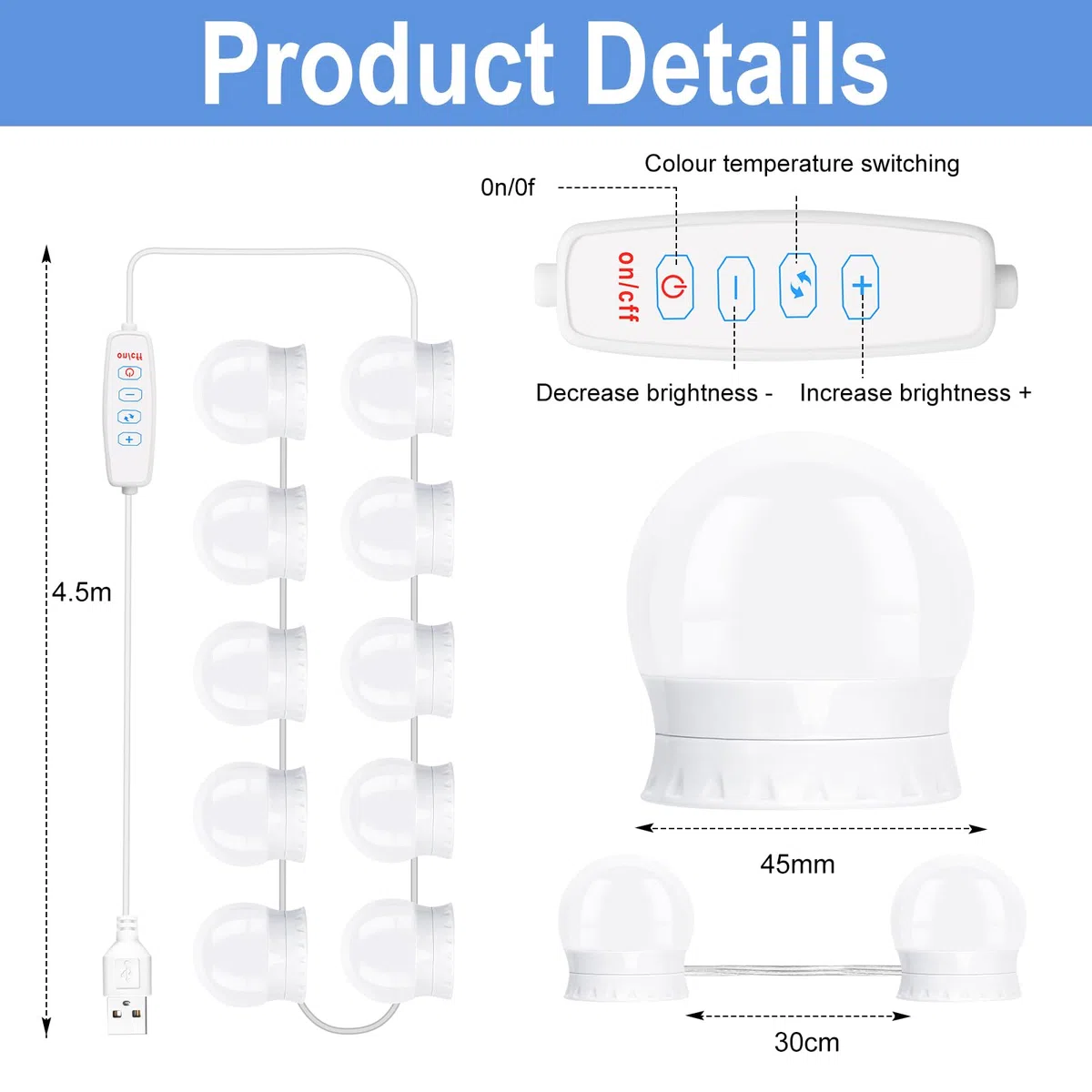 NVIYAM Luci Specchio da Trucco 10 LED Hollywood 3 Modalità Colore USB per Cosmetica e Bagno