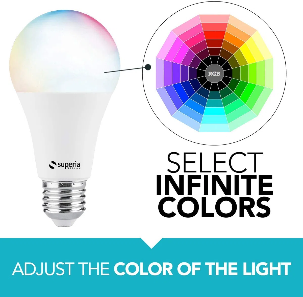 Superia Milano Lampadina SMART RGB + Bianco regolabile (2700K - 6500K) dimmerabile, Wi-Fi, Compatibile con Google Home, Alexa, E27, 11W, 1050lm, 2 Pezzi, KCCT2