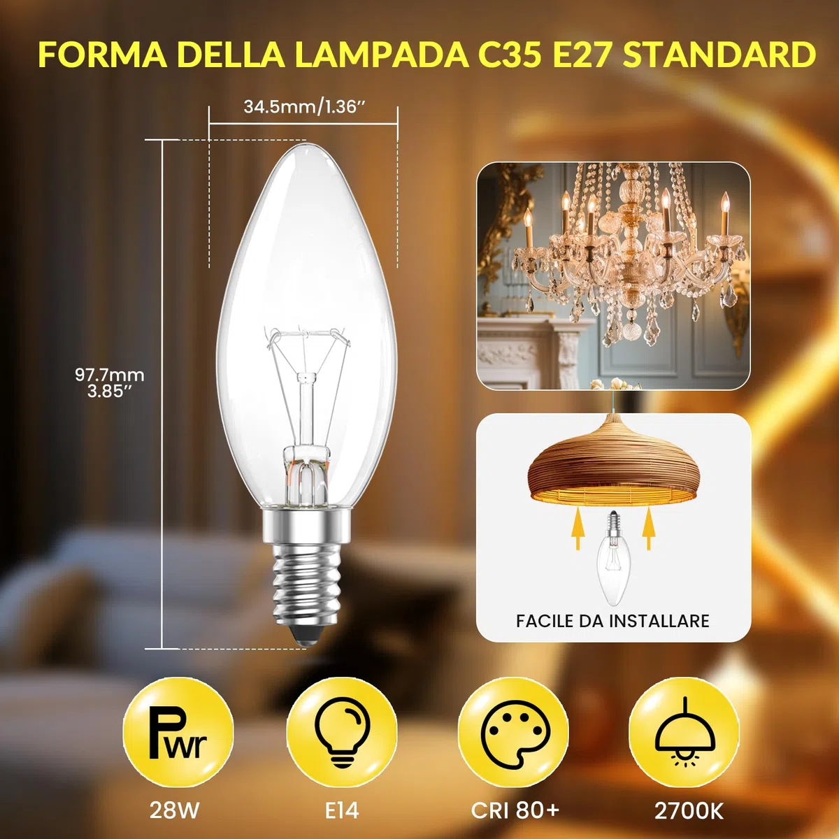 28W Lampadine a Candela E14 Dimmerabile Bianco Caldo 2700K C35 220V Lampadina a E14 a vite Edison per Lampadario, Lampadine al per Applique e Plafoniere, 10 pezzi
