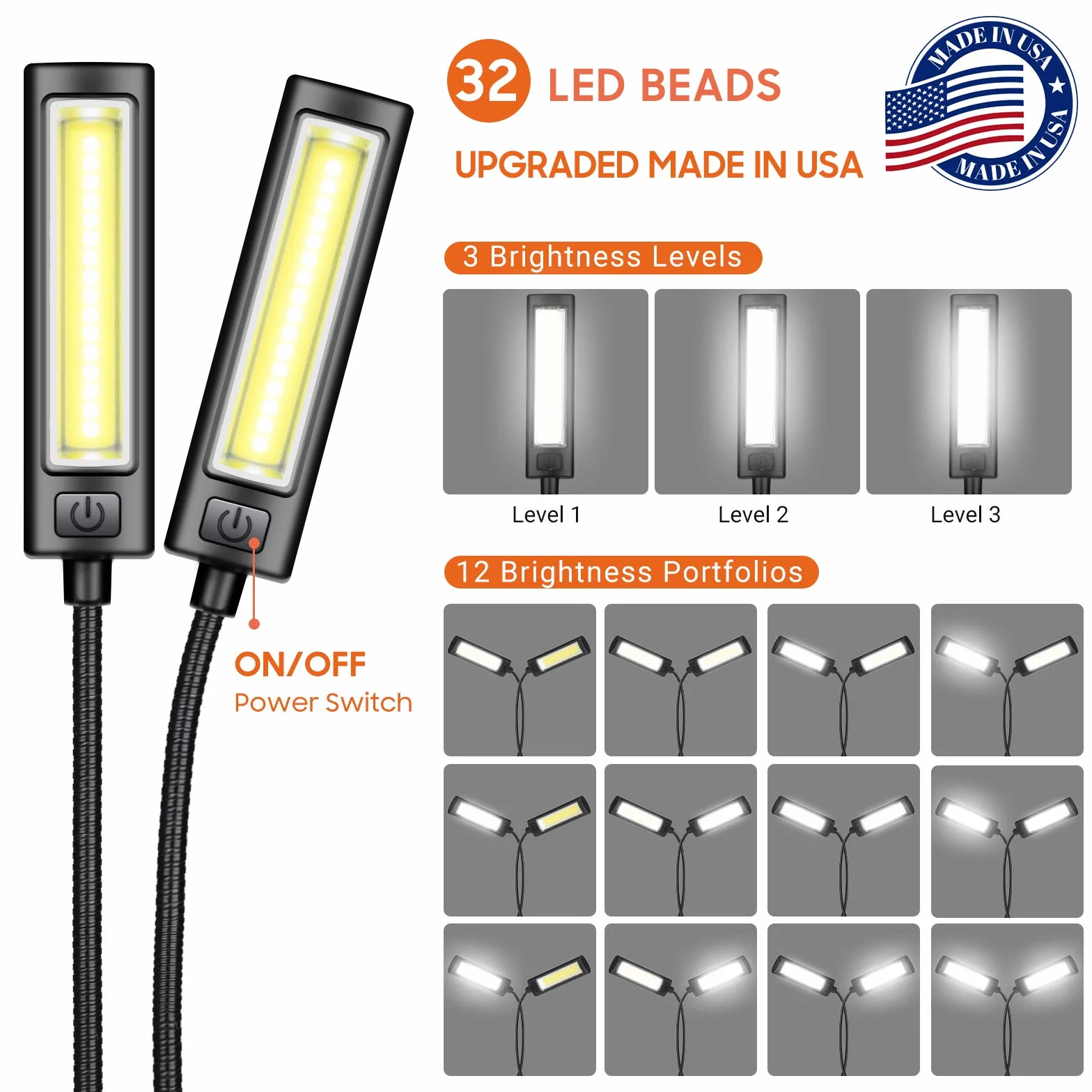CAHAYA Lampada per Lettura con Pinza Dual Head Luci per Leggio Musicale con 32 LED Luminoso Luce a Clip Portabile con 3 Intensità di Luminosità Cavo di Ricarica 2.5m Modello CY0243