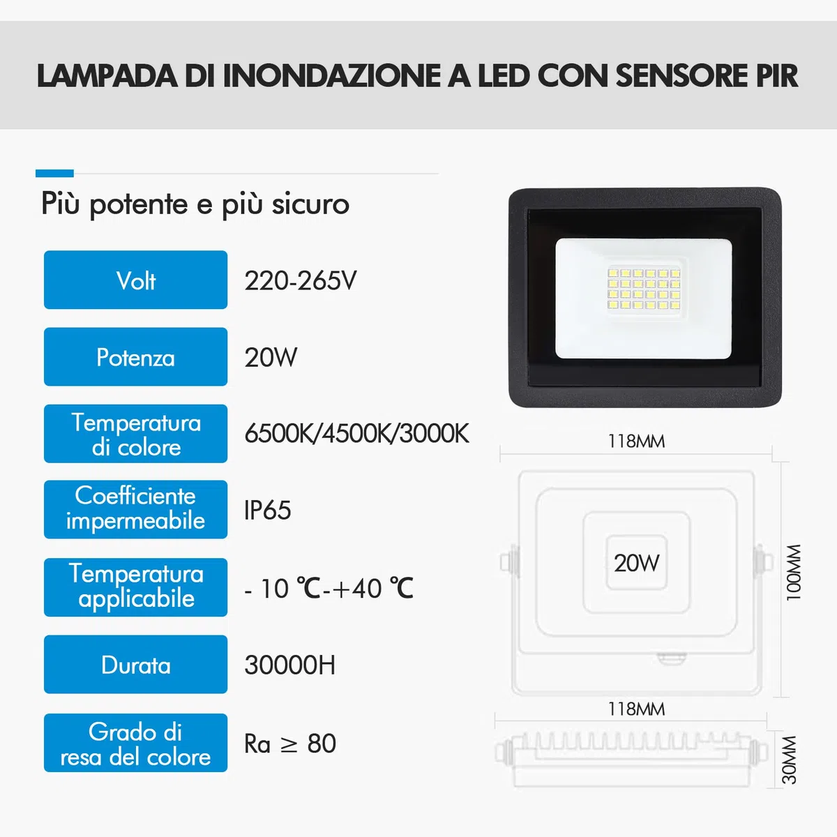 Faretto LED Esterno 20W,Lampada da Esterno 2000Lumen,Super Illuminoso Nero Faretti Led,Potenti Faro a Esterni IP65 Impermeabile Per tetto giardino cortile cancello garage(2 Pezzi 3000K Luce Freddo)