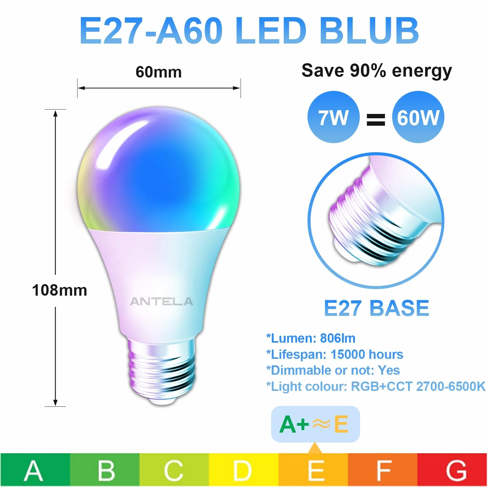ANTELA Lampadina LED Alexa E27 Wifi, 7W 806LM Dimmerabile Lampadina Smart RGB 2700k-6500k, Compatibile con Alexa e Google Home, App Controllato, 2Pz