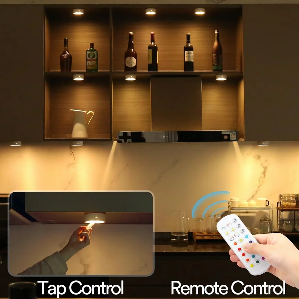 Onumii Luce LED Sottopensile Cucina Luci LED a Batteria Adesive con Telecomando, Luci LED Colorate RGB Luce Notturna per Armadio, Libreria, Scaffale, Pacco da 2 - Bianco