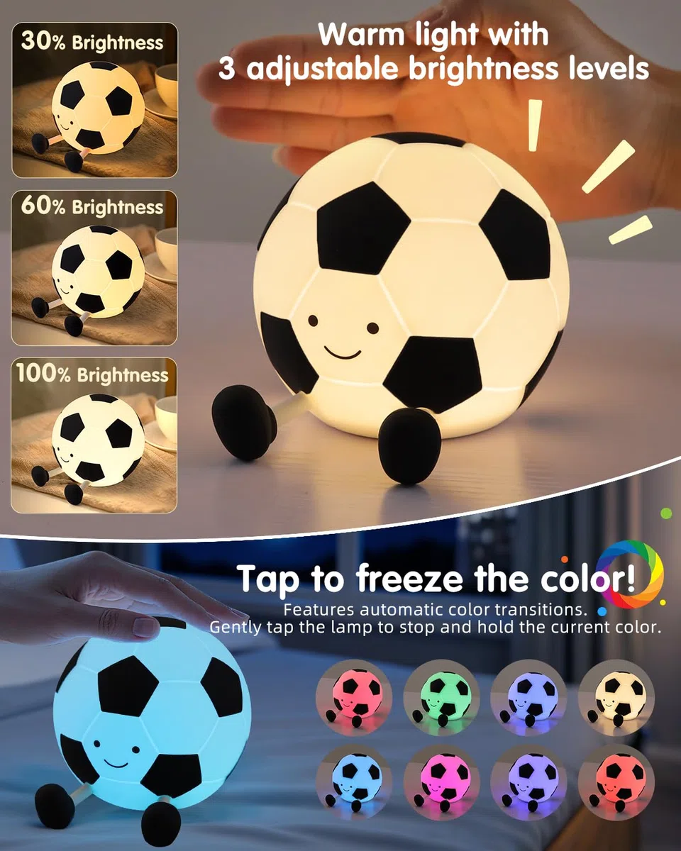 YISUN Luce Notturna Bambini Pallone da Calcio,Lampada da Notte per Neonati​ 7 Colori 3 Modalità di Luce,Controllo Touch,Lampada Carina in Silicone