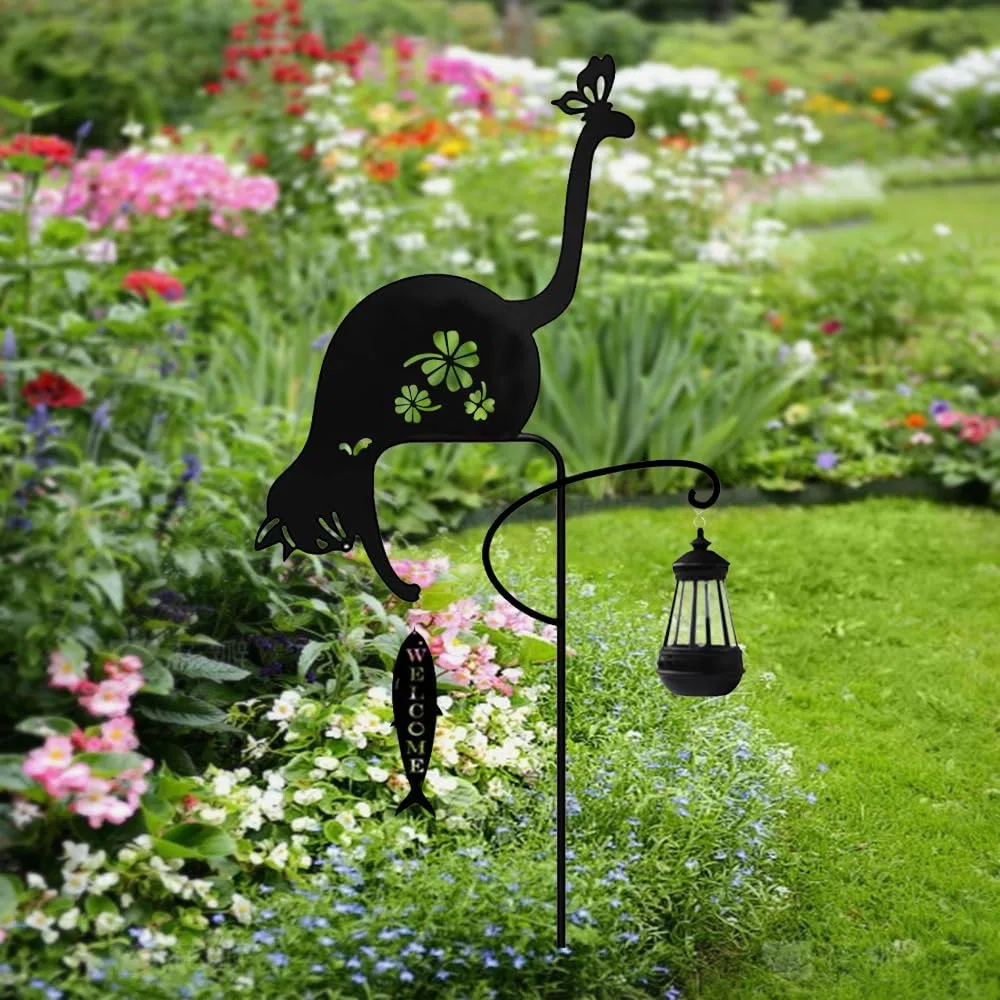 Solare alimentato nero gatto luce di pesca, giardino decorativo ferro arte gatto carino pesca terra luce, tramonto senza fili all'alba LED lampada paesaggio impermeabile.