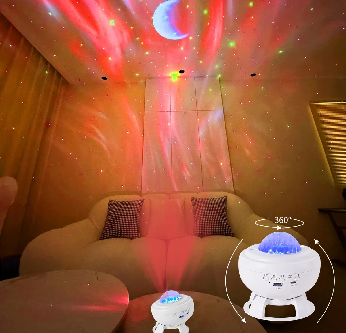 proiettore Stelle Soffitto, Lampada a LED con Lettore Musicale Bluetooth e 8 Animazioni Realistiche Della luce Nordica, Proiettore a Stelle per Bambini/adulti, Camera da Letto, Regalo di Compleanno