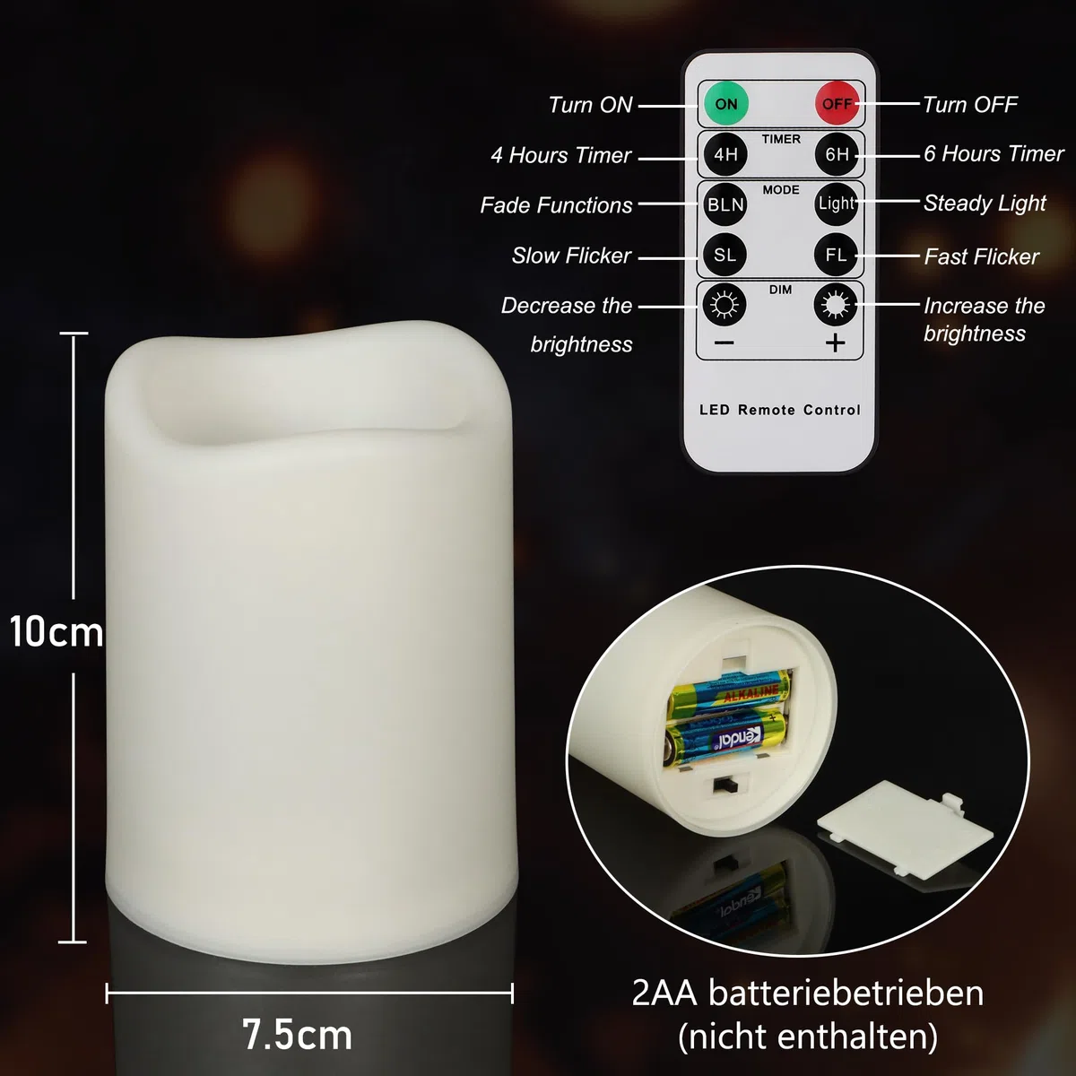 FREEPOWER 4 candele a LED per esterni, impermeabili, con timer, telecomando, funzionamento a batteria, senza fiamma, luce bianca calda, plastica, diametro 7,5 x 10 cm