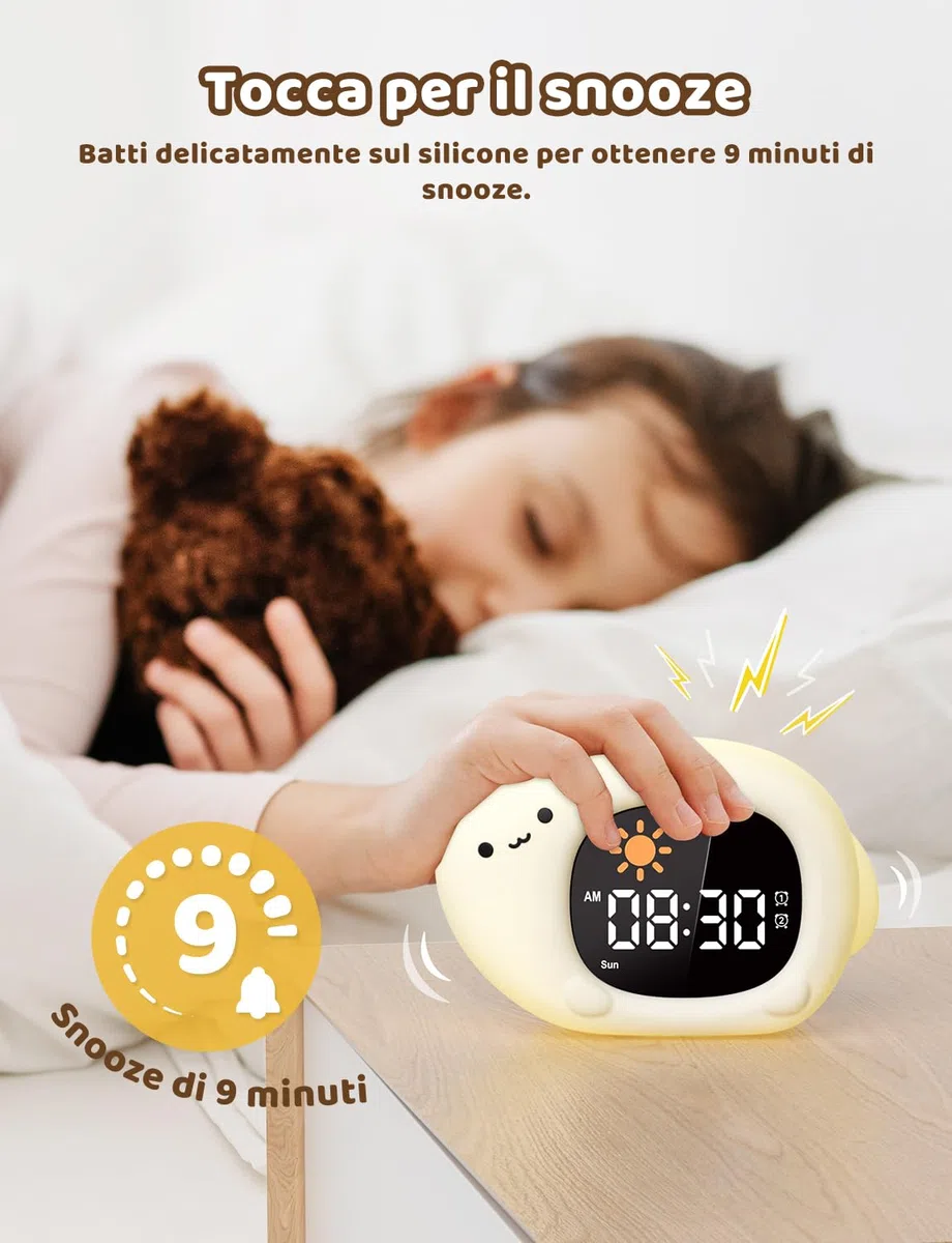 YISSVIC Sveglia Bambino Educativo Giorno Notte 2 Allarmi 12/24 Ora Snooze 10 Canzoni Luminosità dello Schermo Regolabile Sveglia Luminosa 7 Colori Spegnimento Automatico, Forma di Gatto