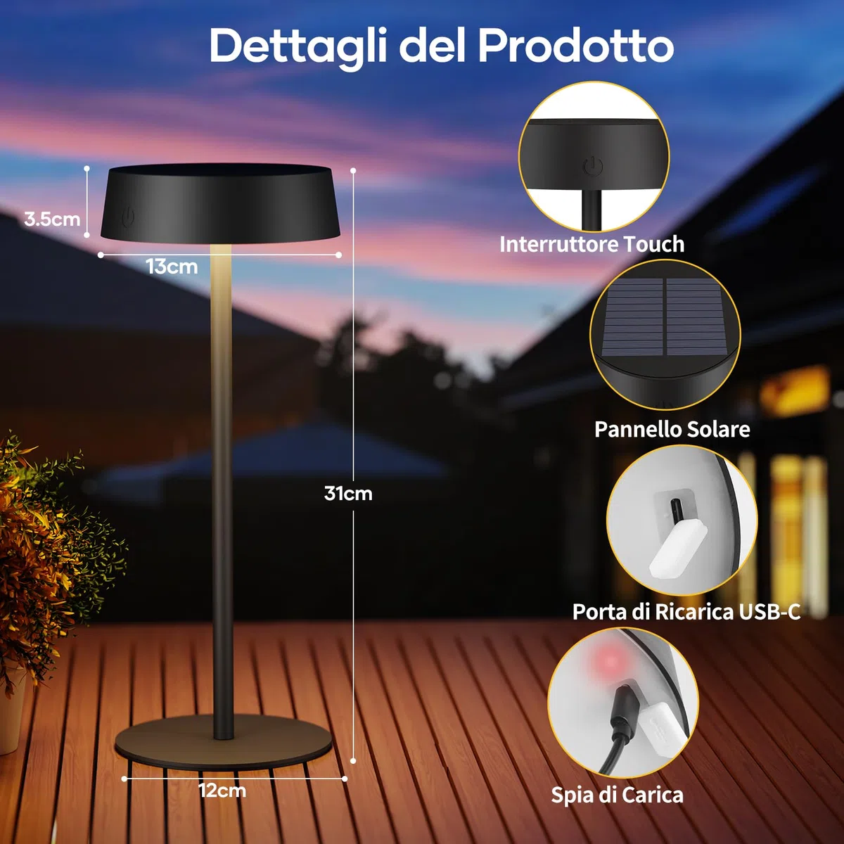 Suright Lampada da Tavolo Solare Senza Fili, Lampada da Comodino Ricaricabile a Energia Solare e USB-C, 3 Modalità Colore, Luminosità Regolabile, IP65 Impermeabile per Uso Interno ed Esterno