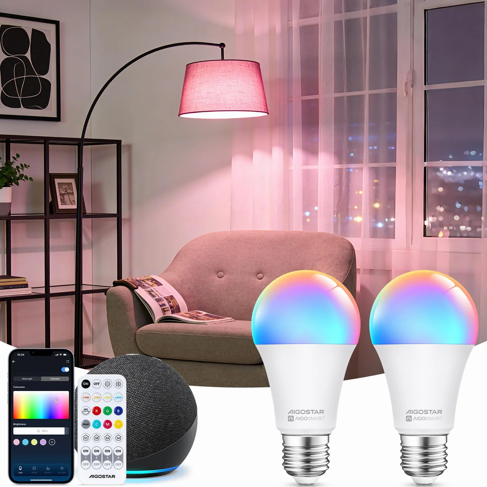 Aigostar Mesh - Lampadina connessa Bluetooth Mesh A60 12W, lampadina collegata Alexa E27 LED 1150LM RGB & 2700K-6500K, lampadina Alexa 16 milioni di colori, 2 unità (con telecomando Bluetooth)