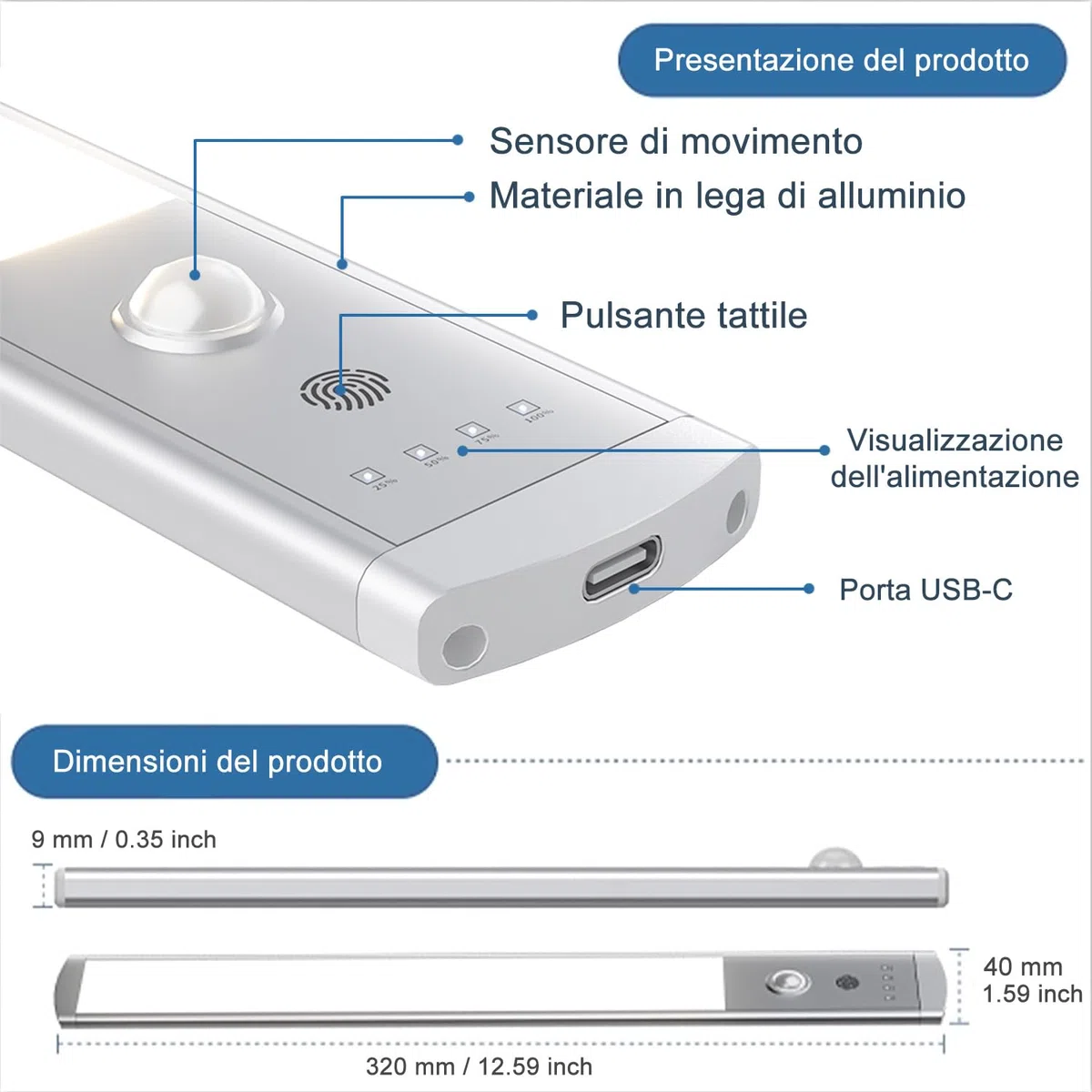 Luce Led Sottopensile Cucina 32CM 6500K, Super Luminoso, Armadio Led con Sensore, Luminosità Regolabile, luci led Ricaricabile, Magnetica, Luce per Armadio, Scale, Corridoio, Garage,Cucina