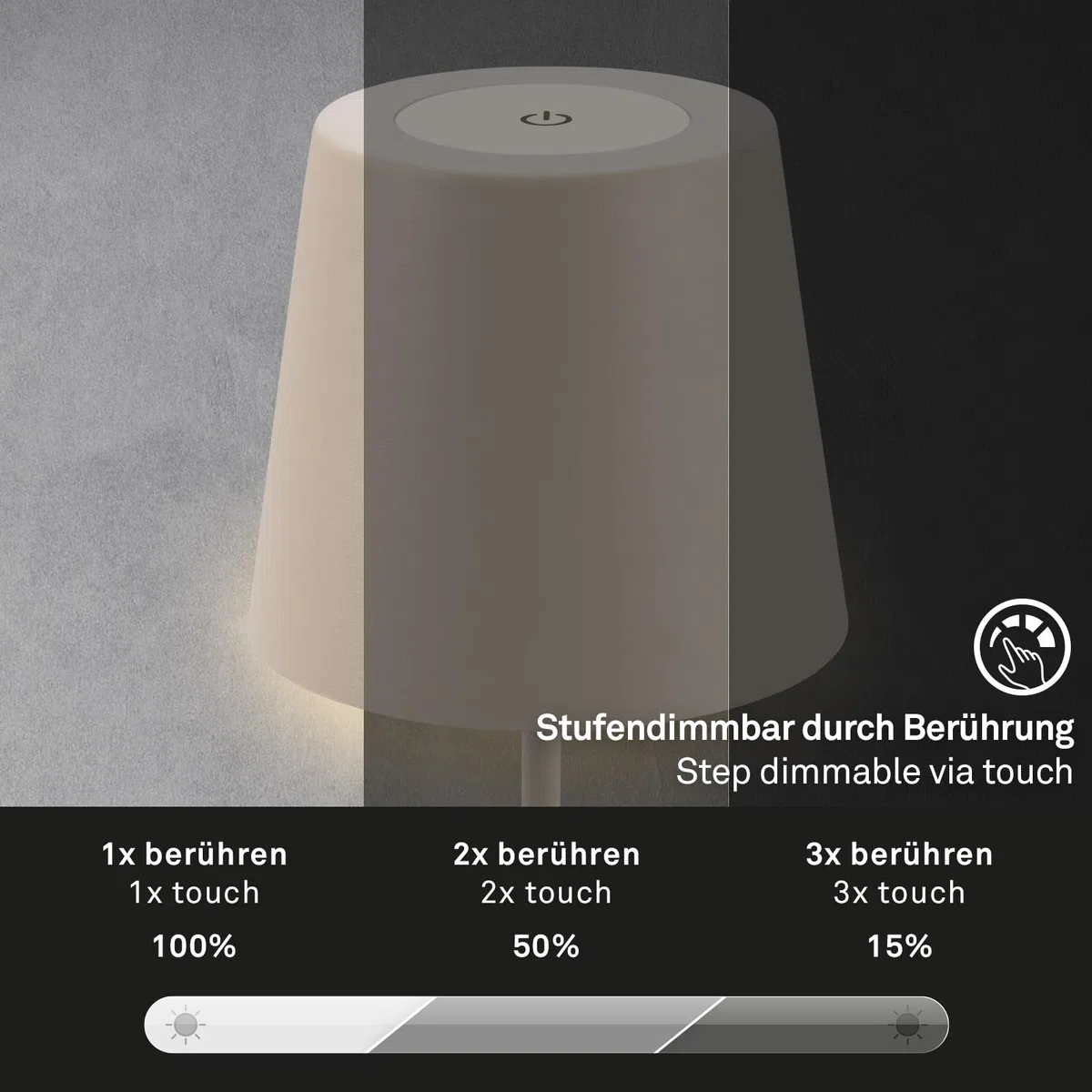 BRILONER - Lampada da tavolo LED senza fili con touch, dimmerabile a passi, regolabile in altezza, lampada da comodino, lettura, campeggio, ricaricabile, esterno, 36x10,5 cm, beige