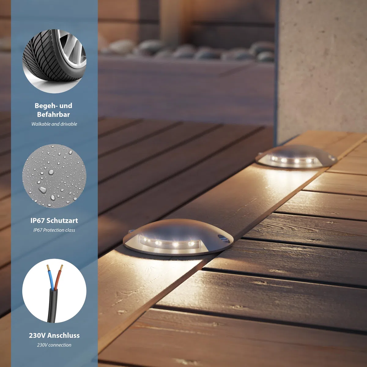 ledscom.de Luce di terra a LED, segnavia RUNDA per esterni, IP67, alluminio, rotonda, Ø 70 mm, bianco caldo