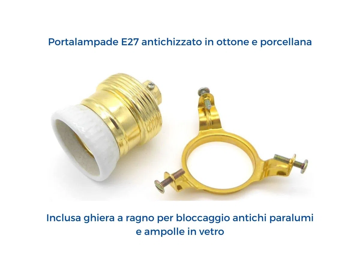 Set portalampade E27 antichizzato Metallo e porcellana + Ghiera a ragno blocca paralume