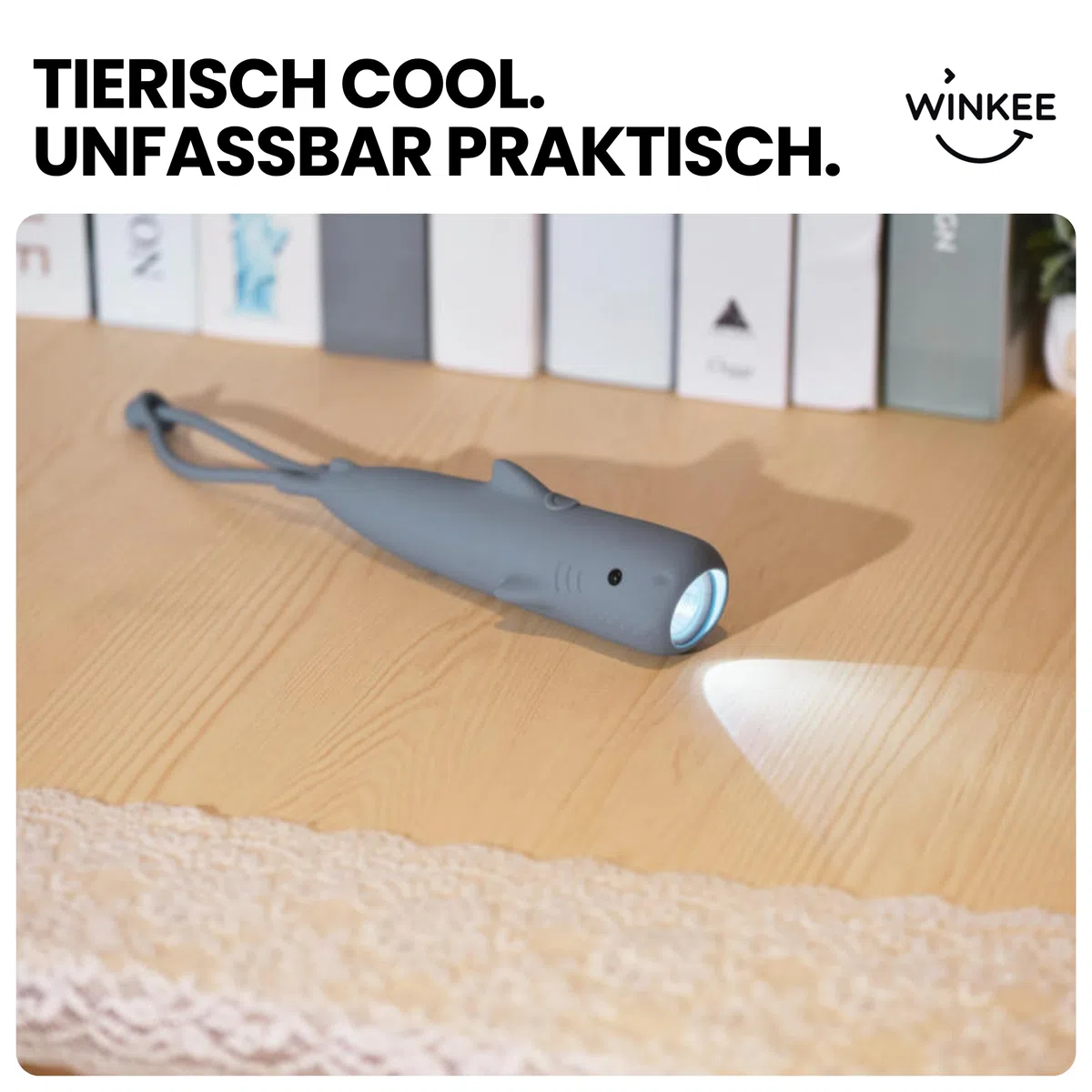 Winkee - Torcia tascabile Hai Hugo I Piccola torcia LED ricaricabile I Con batteria I Circa 12 ore di durata della batteria