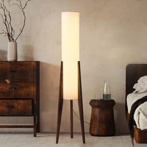 Lampada da terra con treppiede in legno, paralume regolabile E26, in lino, luce dimmerabile, per soggiorno, camera da letto, ufficio, divano, angolo lettura, arredamento moderno