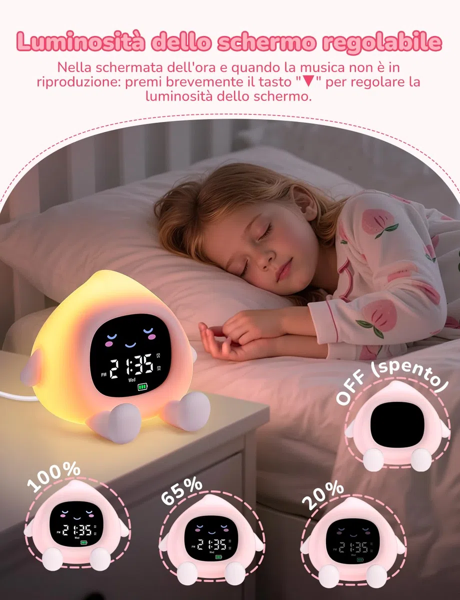 YISSVIC Sveglia Bambini Educativa con 2 Allarmi, Luminosità Regolabile, Formato 12/24h, Snooze e Luce Notturna 7 Colori (30s Auto-spegnimento). Include 10 Melodie e Rumore Bianco