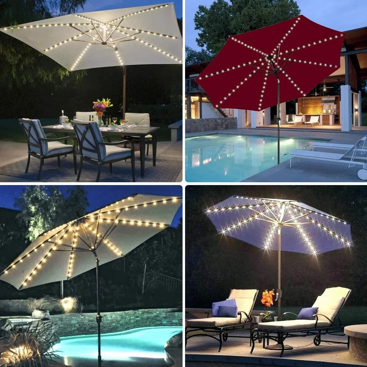 Catena di luci per ombrellone, 104 LED, 8 modalità, funzionamento a batteria, luci decorative, tenda da campeggio (bianco caldo)