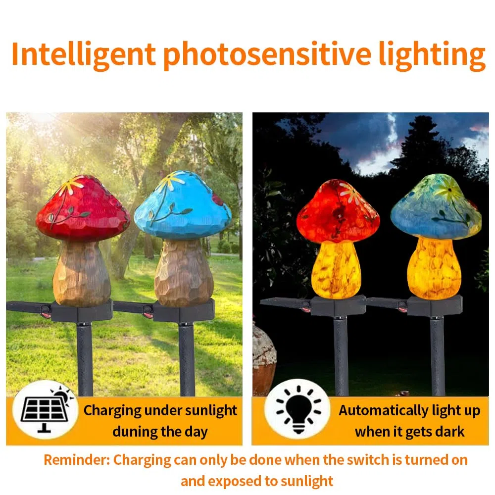 2 pacchetto solare alimentato rosso e blu funghi luci da pavimento, giardino decorativo resina lampada funghi carino, tramonto senza fili all'alba luci LED impermeabili.