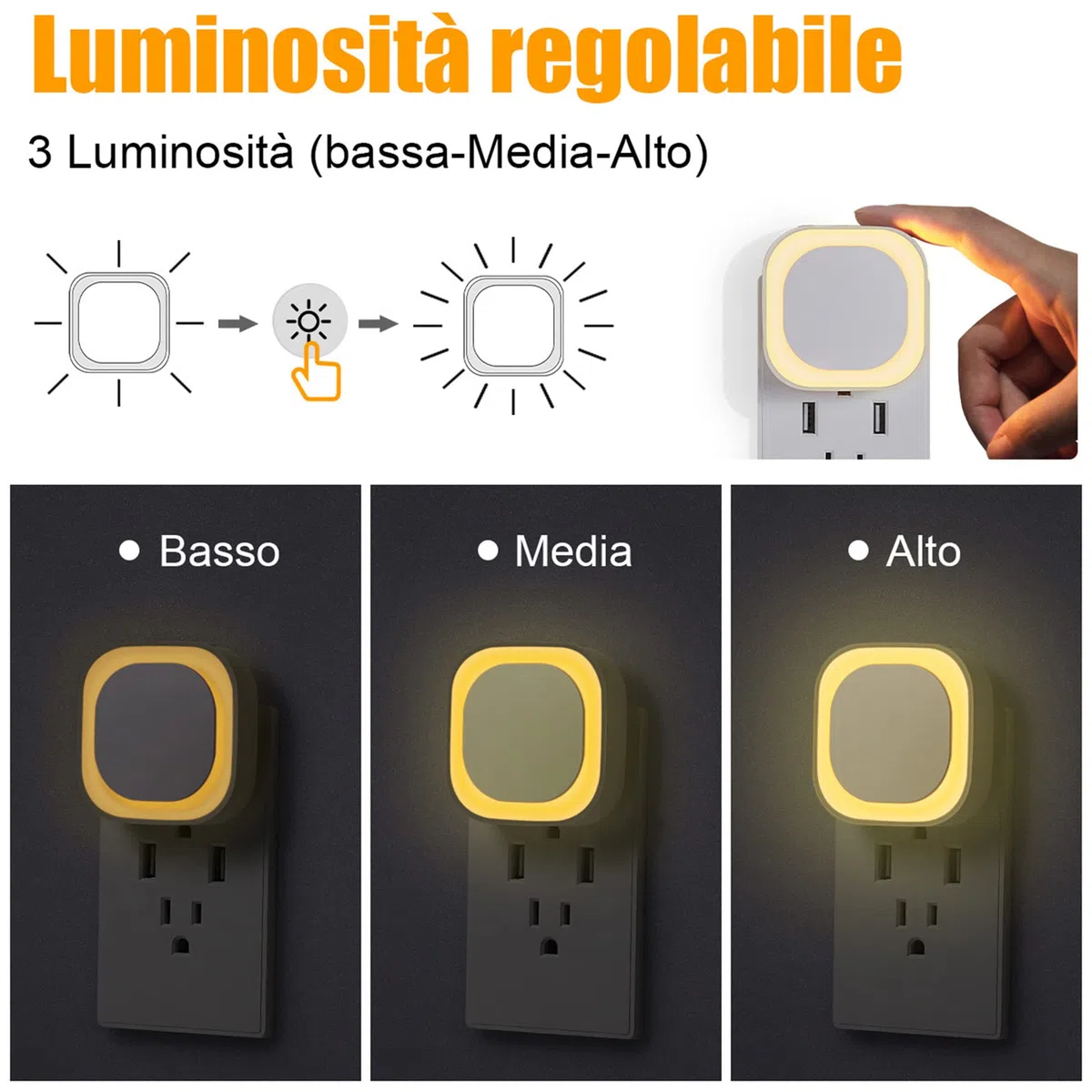 YUNLEX Presa di Luce Notturna con Sensore Crepuscolare, 3 livelli di luminosità regolabile per Camera dei Bambini, Bagno, Corridoio, Cucina, Scale, Bianco caldo