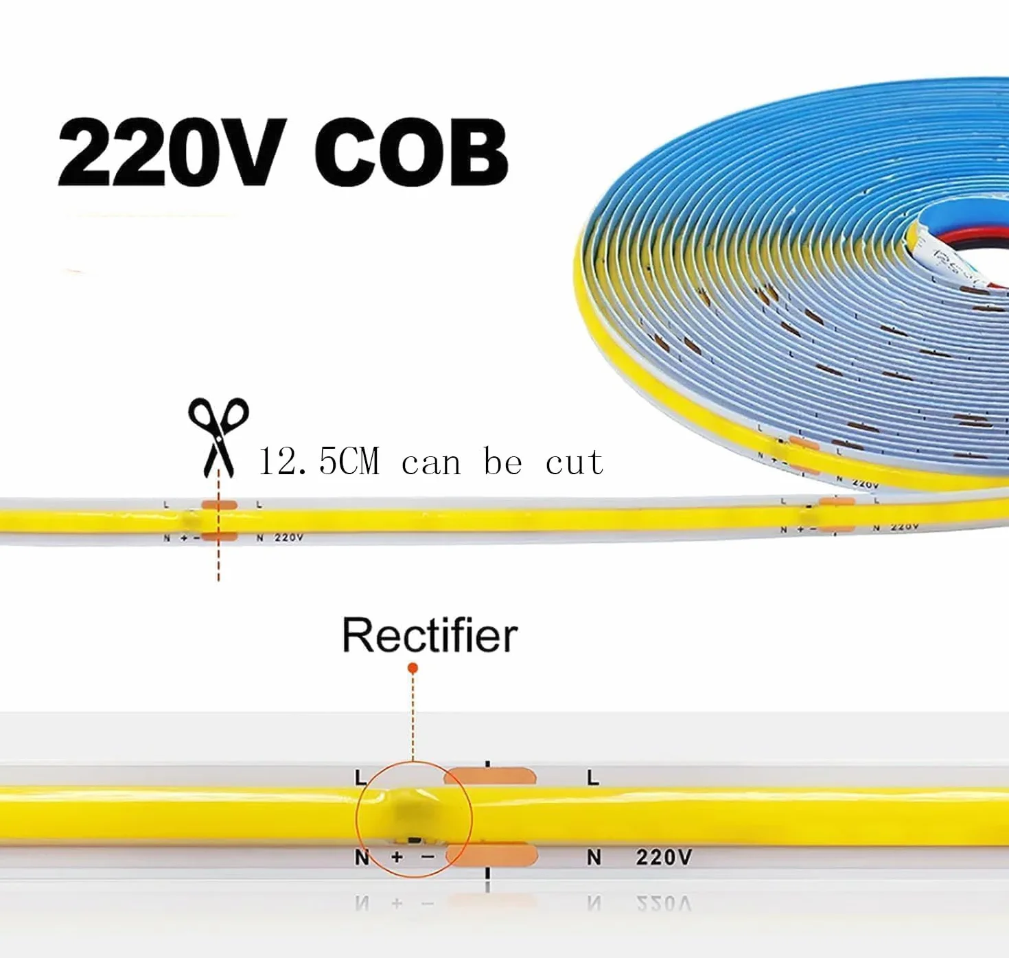 Striscia LED COB da 220 V, flessibile, Smart IC, senza necessità di driver, ad alta luminosità, 296 LED, illuminazione lineare RA90, 4000 K, bianco naturale, 10 m